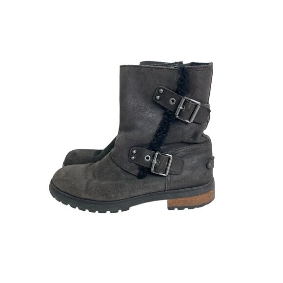 UGG Niels II Size 8 Wool Shearling Lined Dark Gray Leather Moto Buckle Boots - Picture 1 of 9